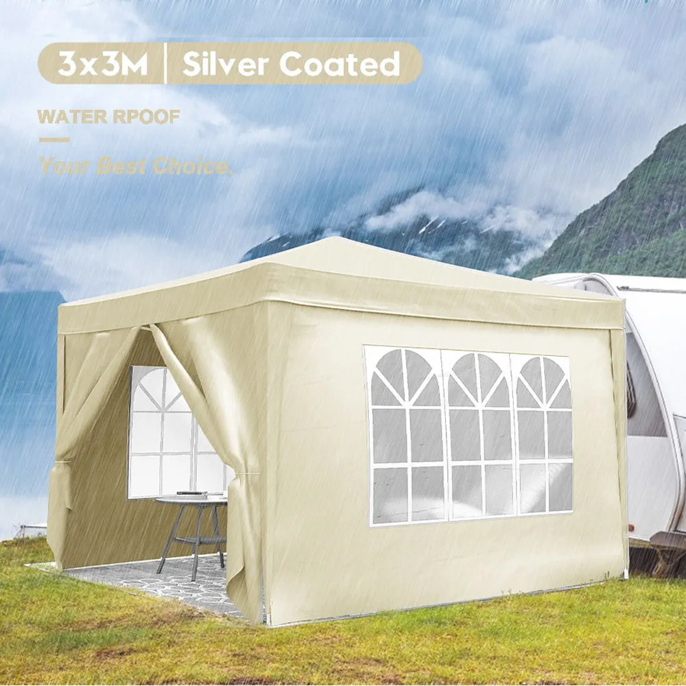 10'X10' Folding Canopy With 4 Removable Sidewalls Outdoor Event Shelter UPF 50  Gazebo Portable Tents For Parties Beach Camping Wedding Ez Pop Up Canopy 4 Pieces Weight Bag   Carry Bag