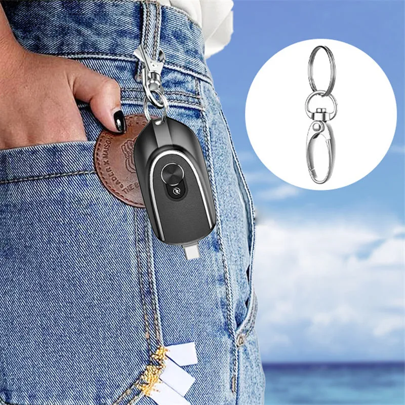 2 In 1 Mini Keychain Power Bank Keyring Hanging Buckle 2 Output Interfaces 5V 1200MAH Backup Power Bank Retractable Plug Waterproof Phone Charging Accessories