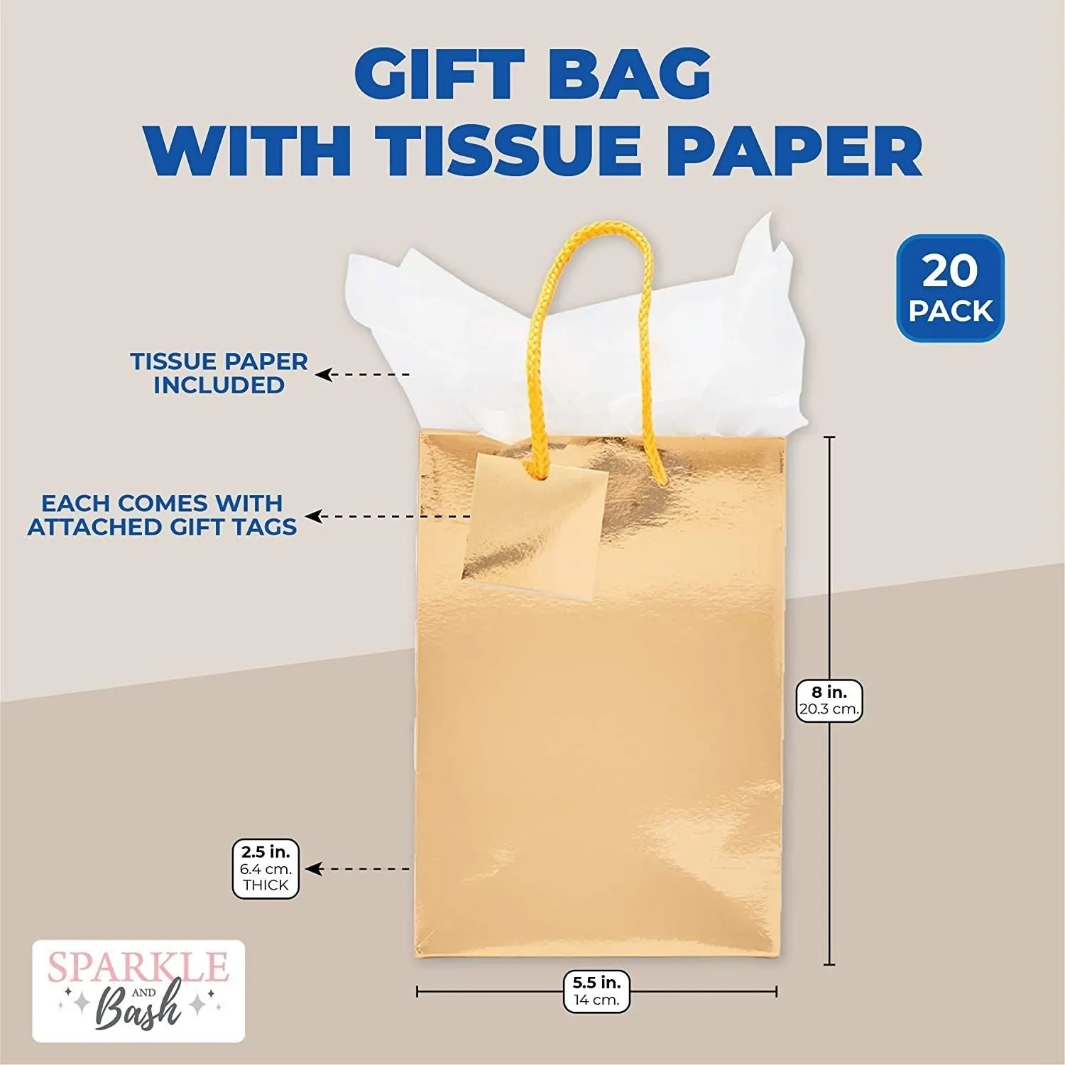 20 Pack Small Gold Party Favor Paper Gift Bags Bulk with Handles and Tissue Paper for Birthday