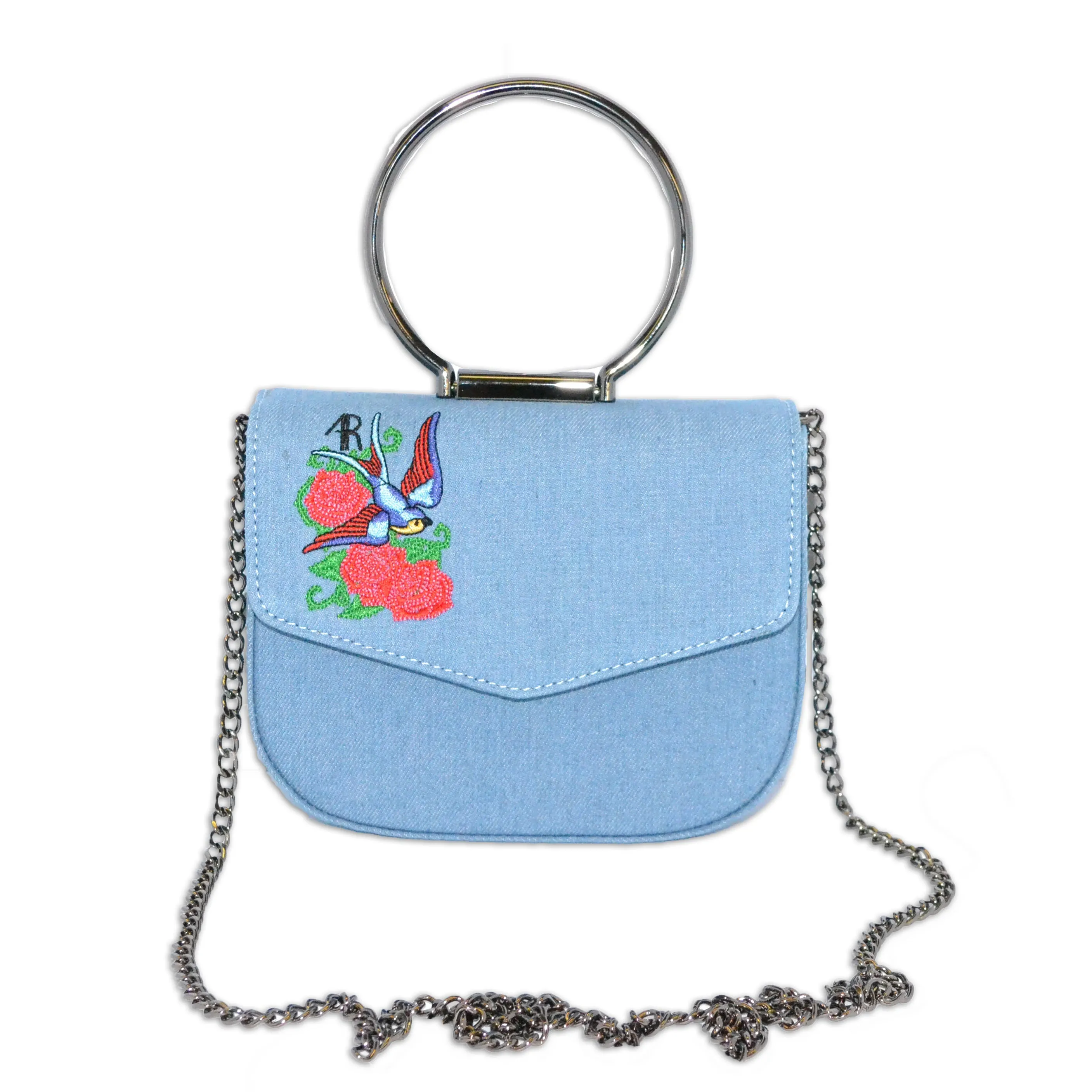 ABERMAIN - Denim Chain Ring Clutch Bag With Embroidery