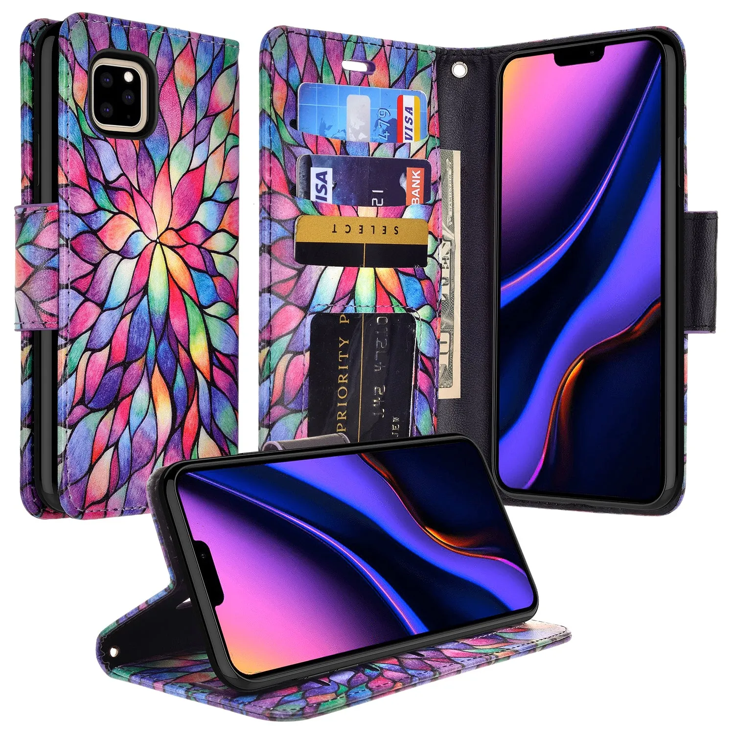 Apple iPhone 11 Pro Max Case, iPhone 11 Pro Max Wallet Case, Wrist Strap Pu Leather Wallet Case [Kickstand] with ID & Credit Card Slots - Rainbow Flower