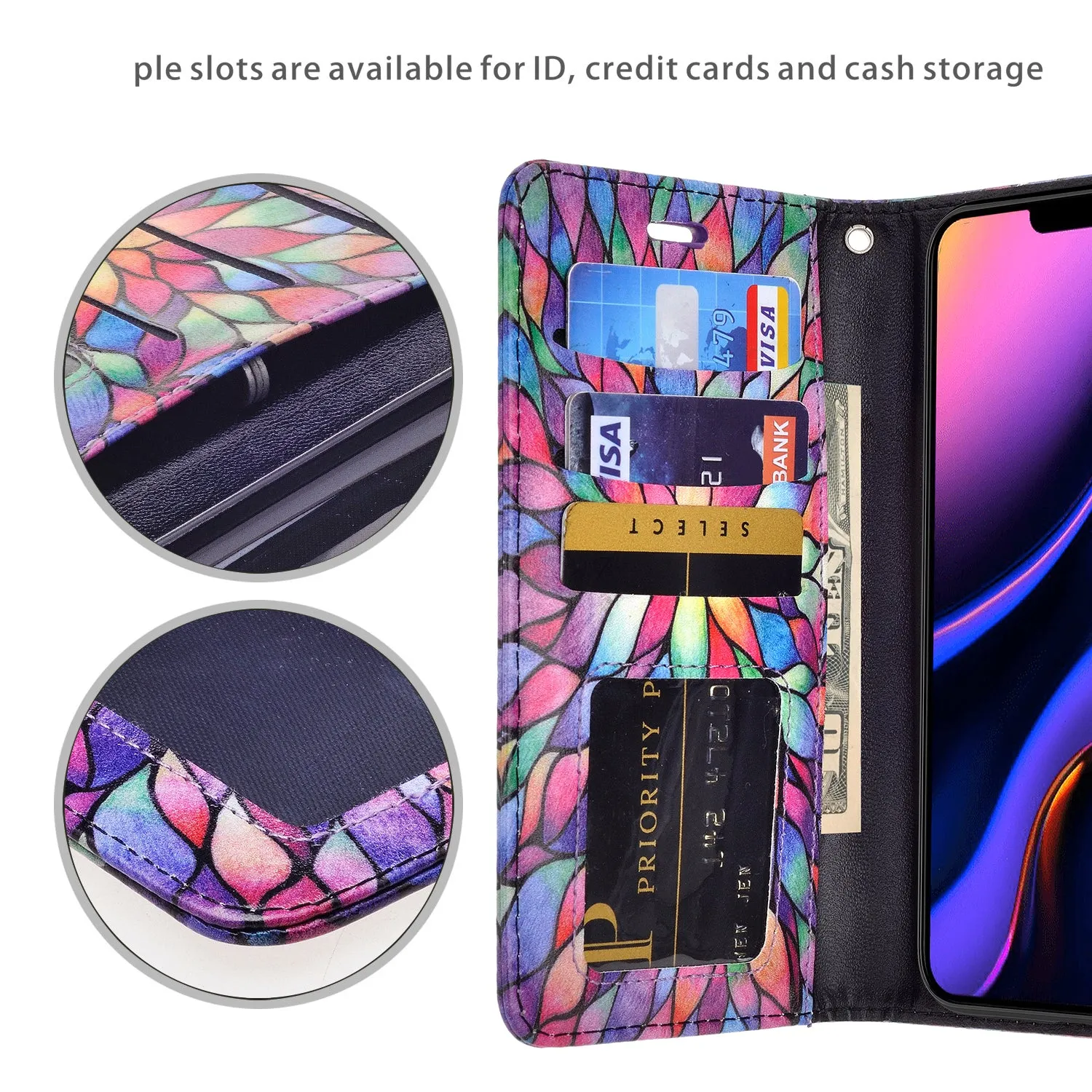 Apple iPhone 11 Pro Max Case, iPhone 11 Pro Max Wallet Case, Wrist Strap Pu Leather Wallet Case [Kickstand] with ID & Credit Card Slots - Rainbow Flower