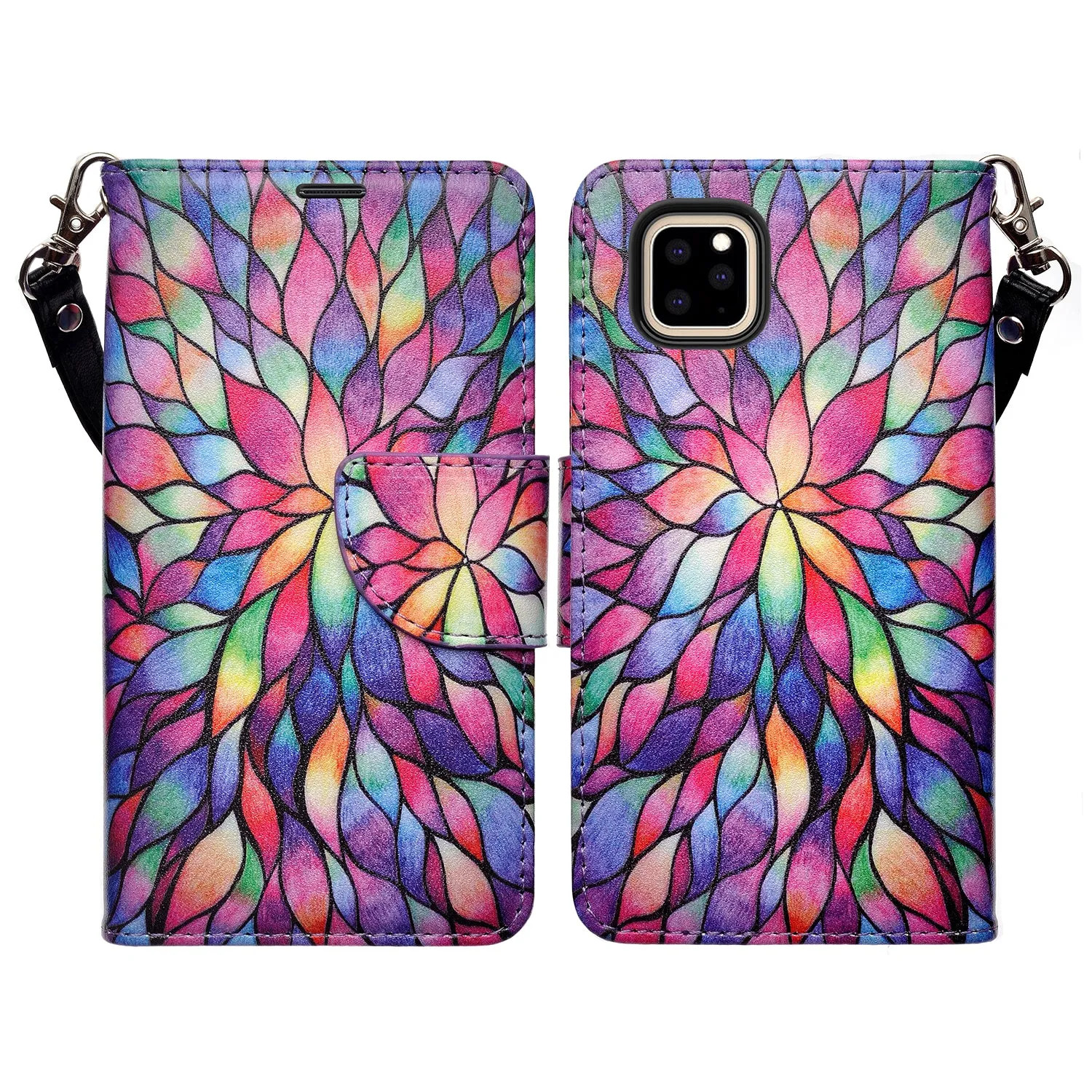 Apple iPhone 11 Pro Max Case, iPhone 11 Pro Max Wallet Case, Wrist Strap Pu Leather Wallet Case [Kickstand] with ID & Credit Card Slots - Rainbow Flower