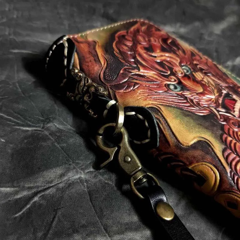 Badass Black Leather Men's Long Biker Handmade Wallet God Beast Tooled Zipper Long Chain Wallets For Men