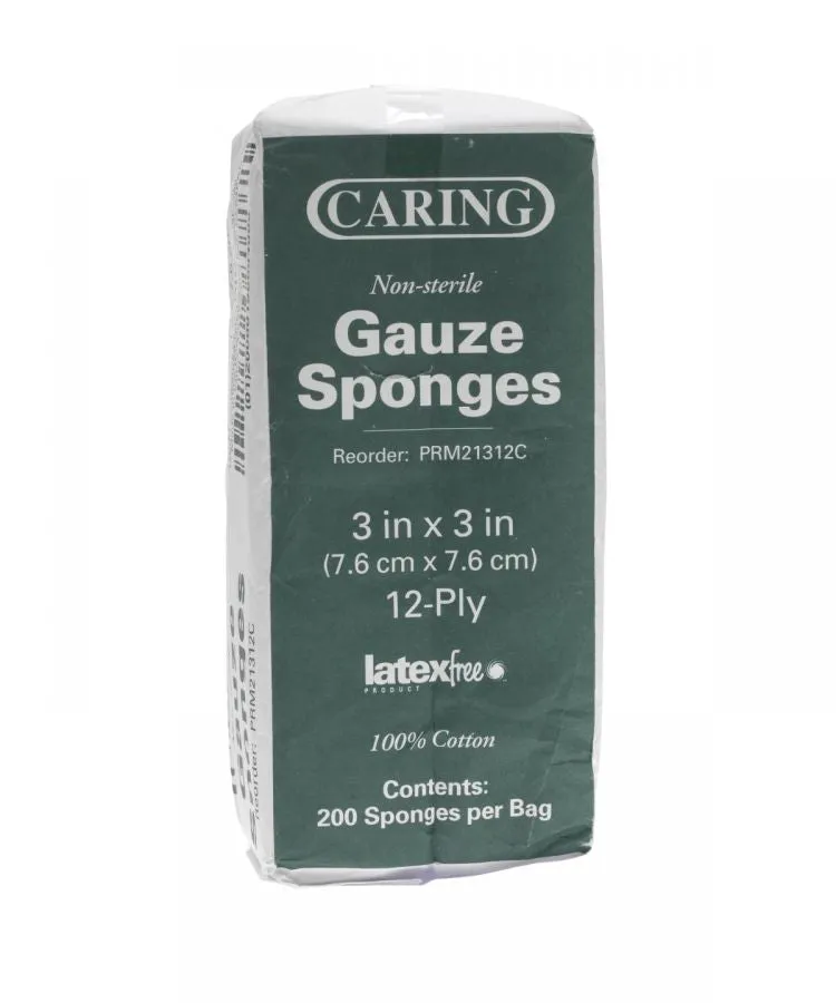 Caring Woven Non-Sterile Gauze Sponges, 3" X 3", 12 Ply, Bag of 200