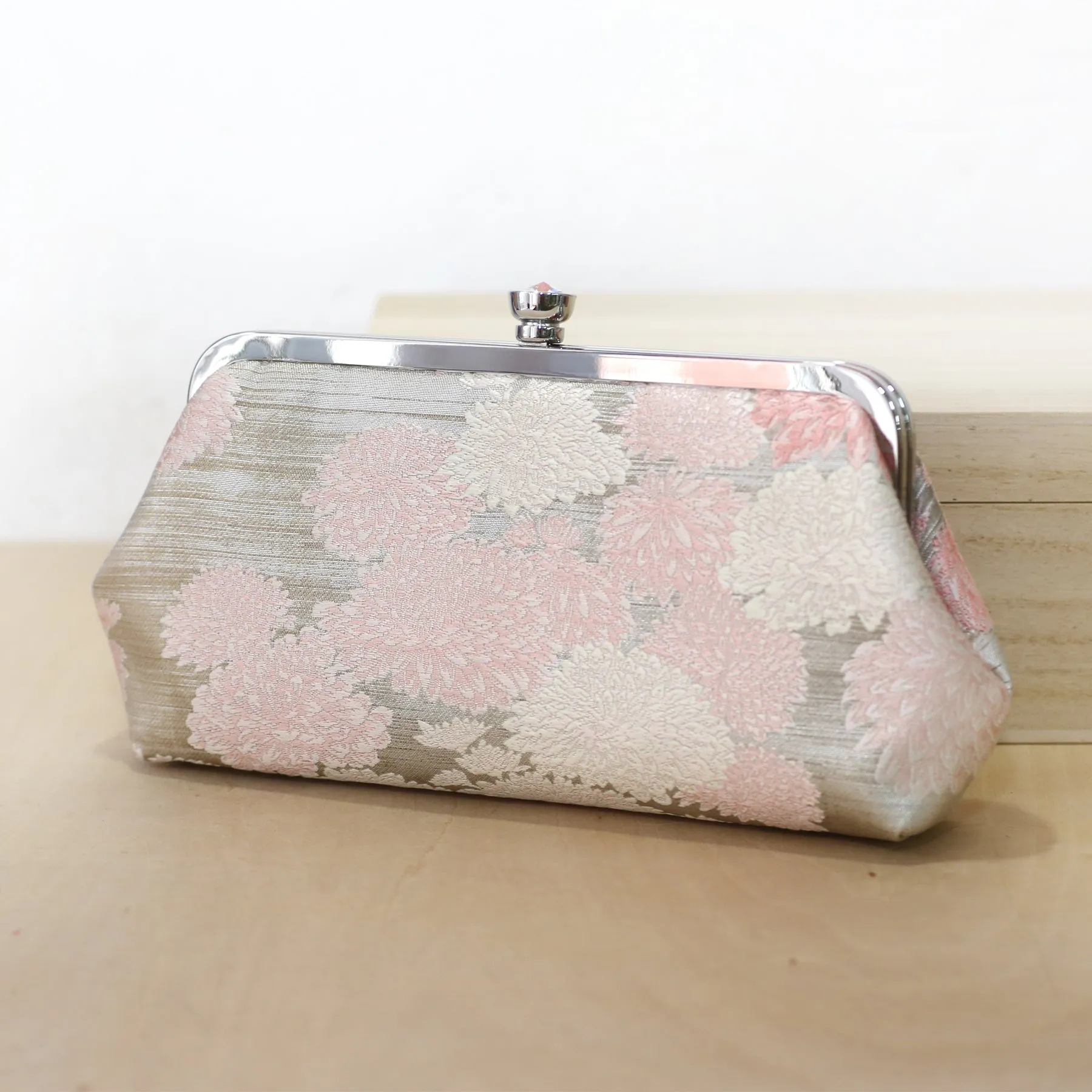 Chrysanthemum Kiku Kimono Clutch in Pink and Silver | Upcycled from vintage Japanese Kimono Obi