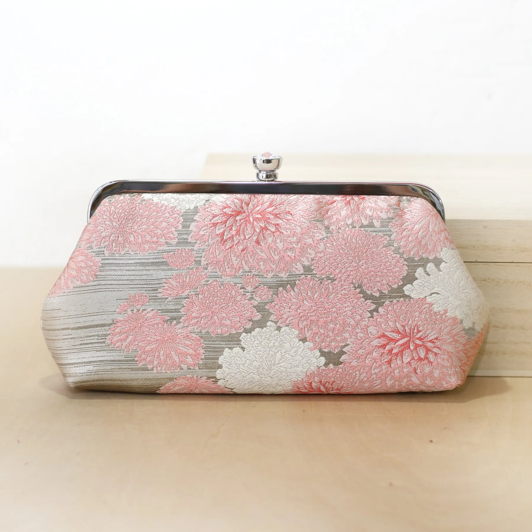 Chrysanthemum Kiku Kimono Clutch in Pink and Silver | Upcycled from vintage Japanese Kimono Obi