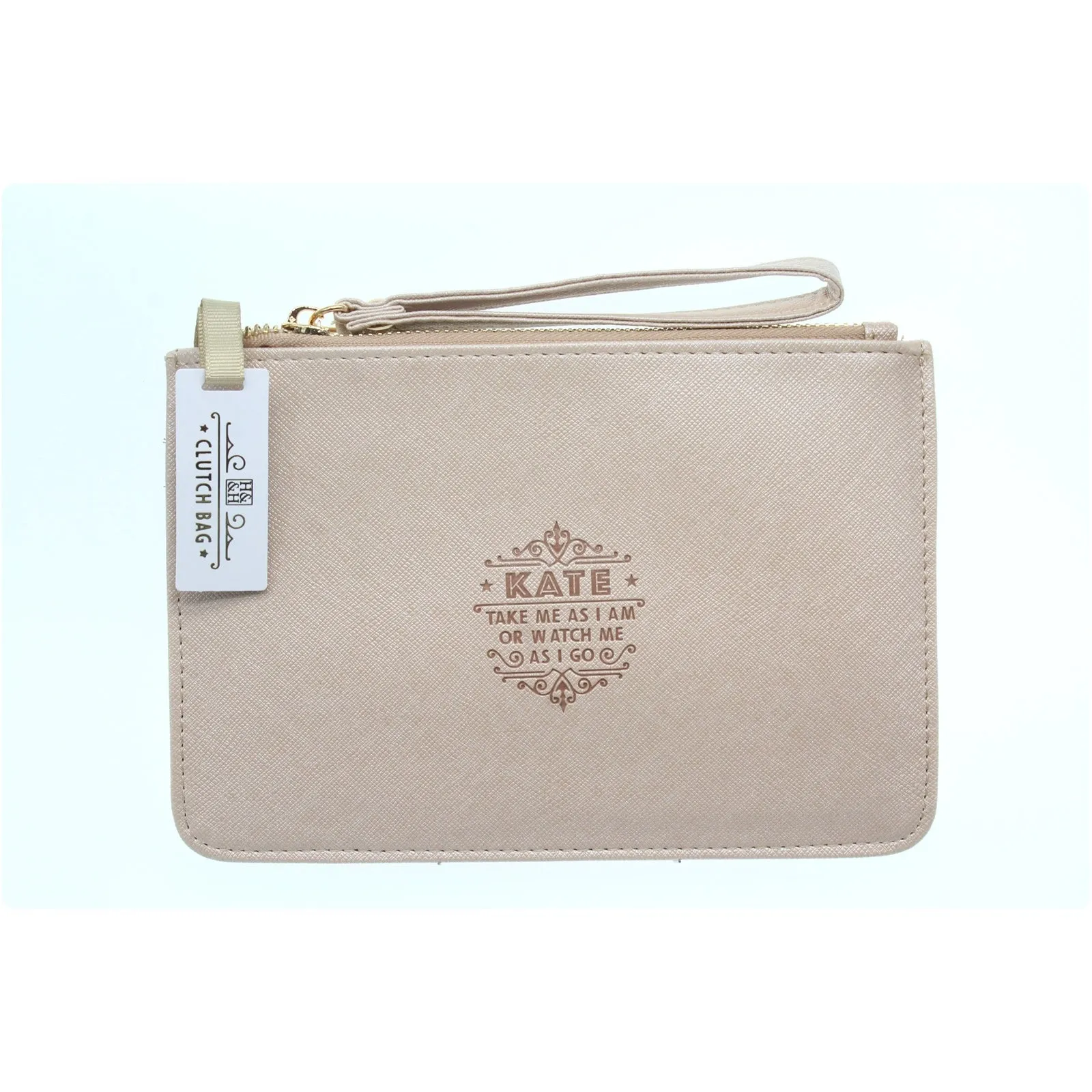 Clutch Bag With Handle & Embossed Text "Kate"