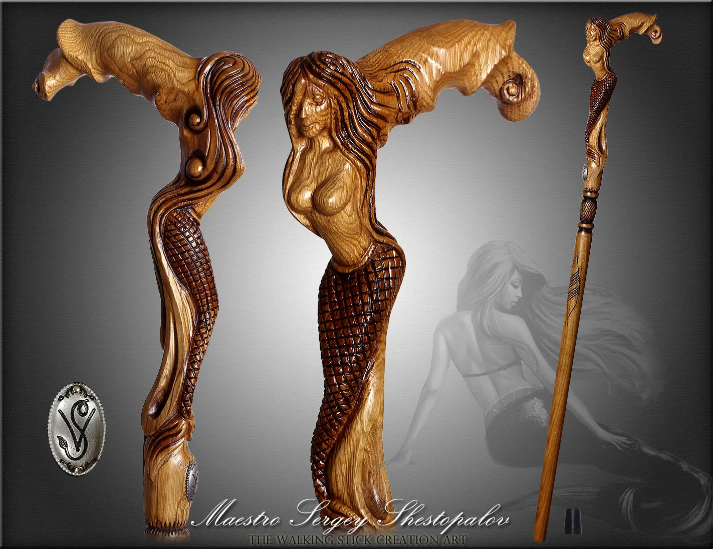 Crying Mermaid Artisan Intricate Hand-Carved Walking Cane