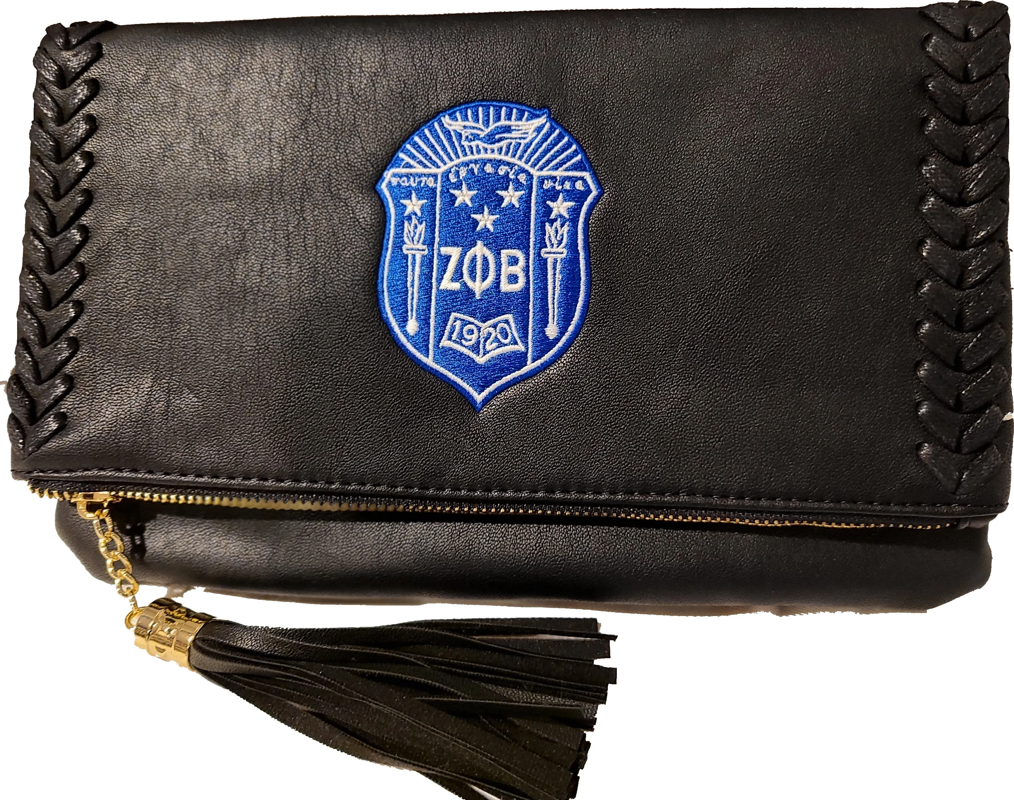 Embroidered Zeta Phi Beta Black Braided Crossbody/Clutch