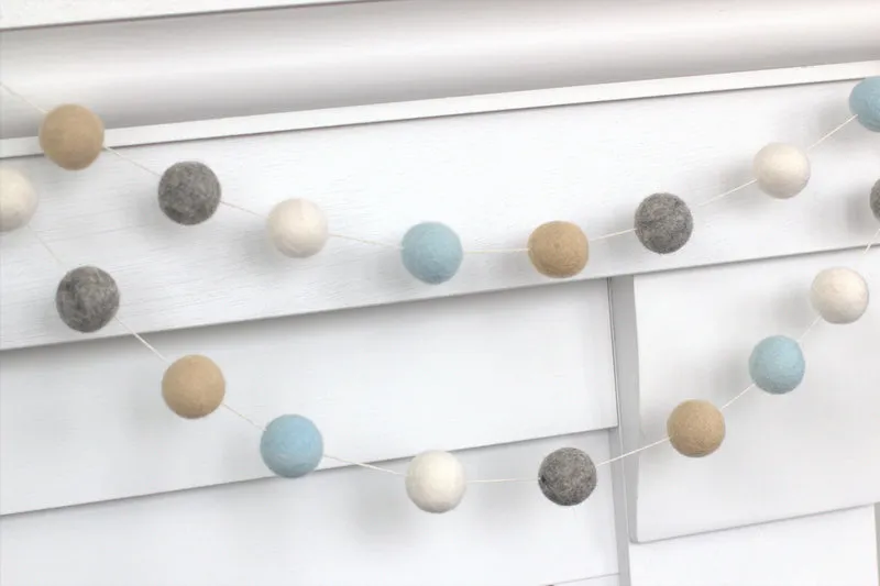 Felt Ball Garland- Ice Blue, Gray, Almond & White