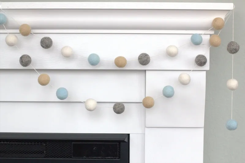 Felt Ball Garland- Ice Blue, Gray, Almond & White