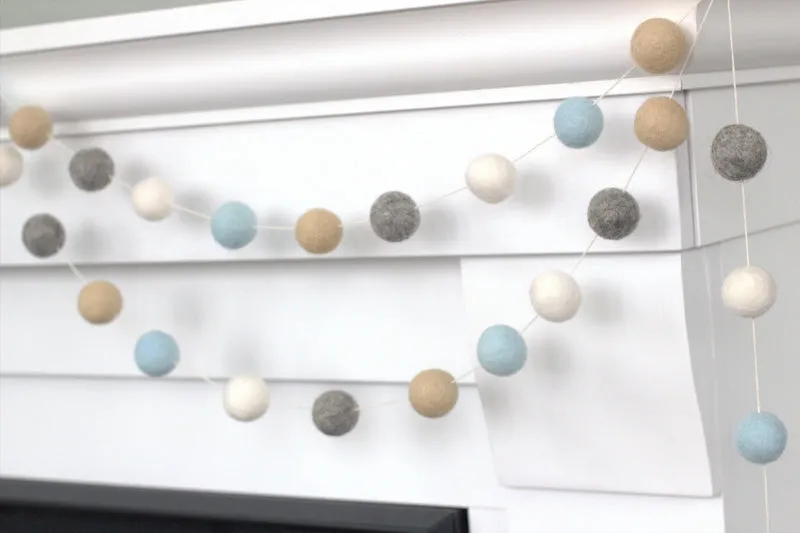 Felt Ball Garland- Ice Blue, Gray, Almond & White