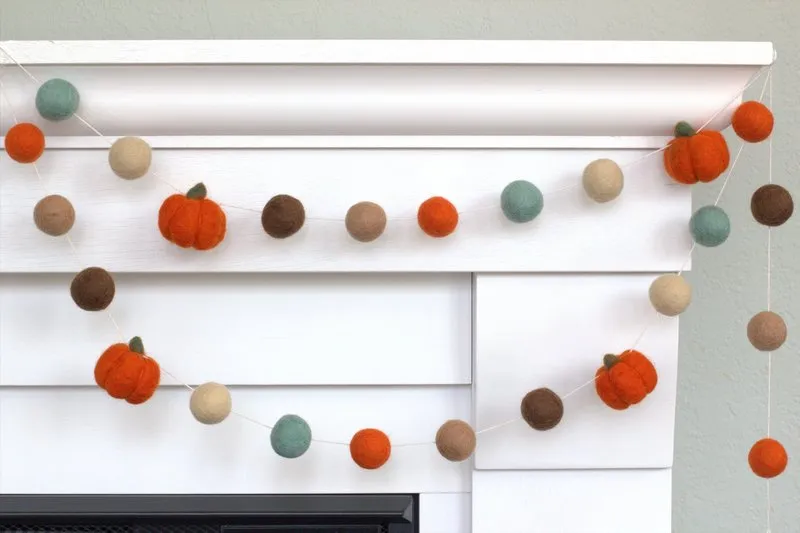 Felt Pumpkin Garland-  Dark Orange, Teal, Brown