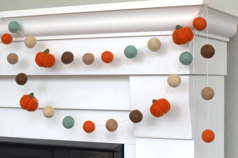 Felt Pumpkin Garland-  Dark Orange, Teal, Brown