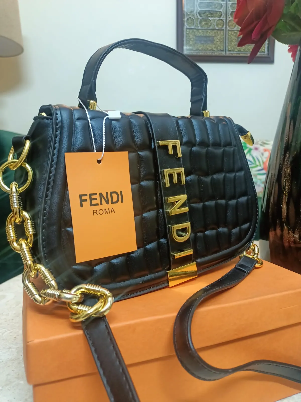 Fendi Women's Bag with Half Belt and Half Chain (Black)