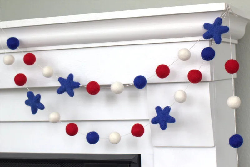 Fourth of July Felt Ball & Star Garland- Red, Royal Blue, White