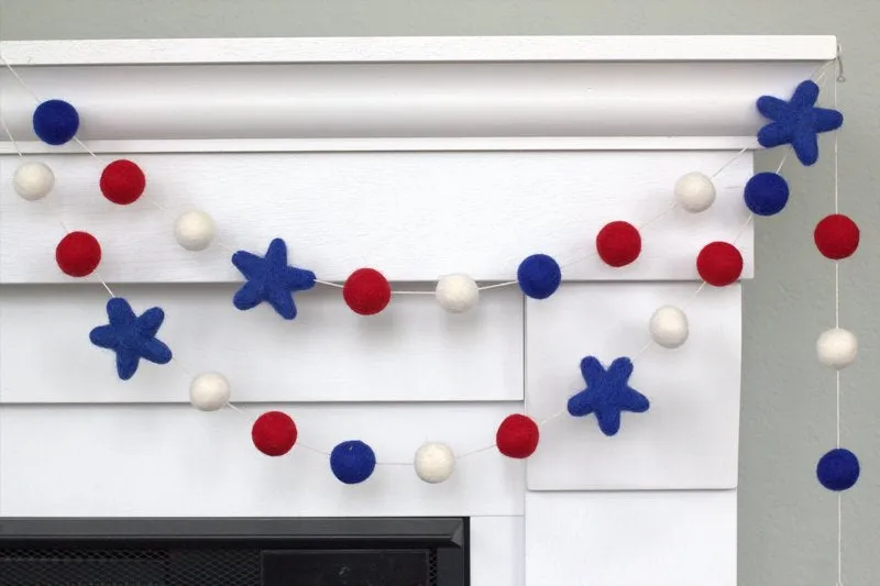 Fourth of July Felt Ball & Star Garland- Red, Royal Blue, White