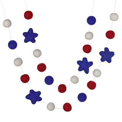 Fourth of July Felt Ball & Star Garland- Red, Royal Blue, White