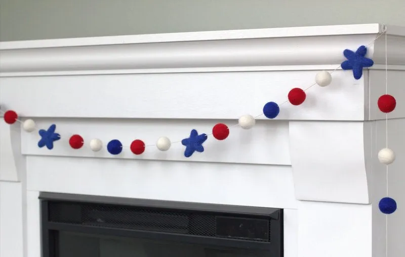 Fourth of July Felt Ball & Star Garland- Red, Royal Blue, White