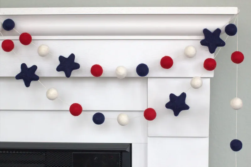 Fourth of July Felt Ball & Star Garland- Red, White, Navy