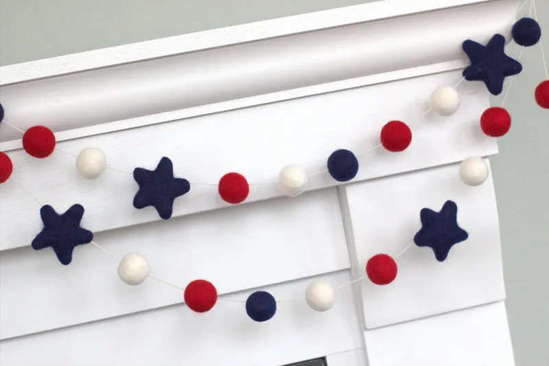 Fourth of July Felt Ball & Star Garland- Red, White, Navy