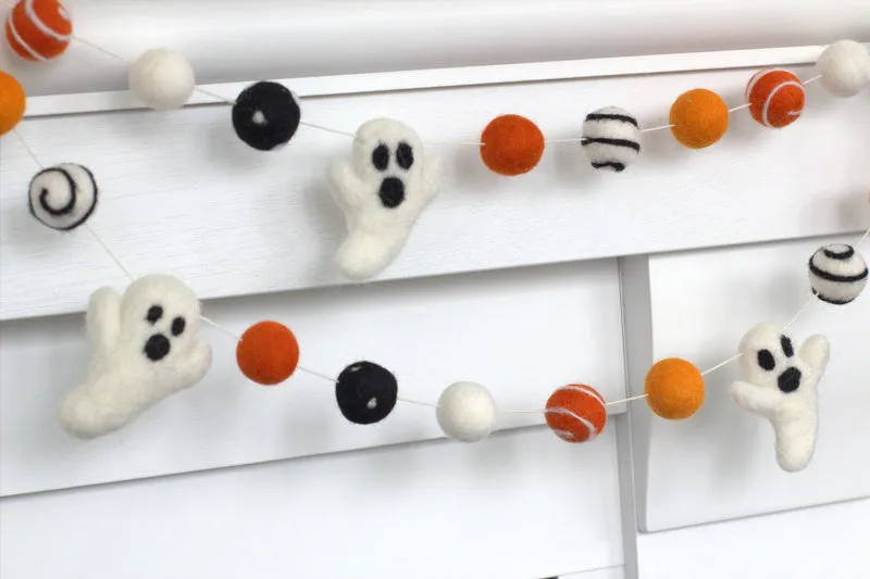 Ghost Halloween Garland- Orange & Black, Dots & Swirls