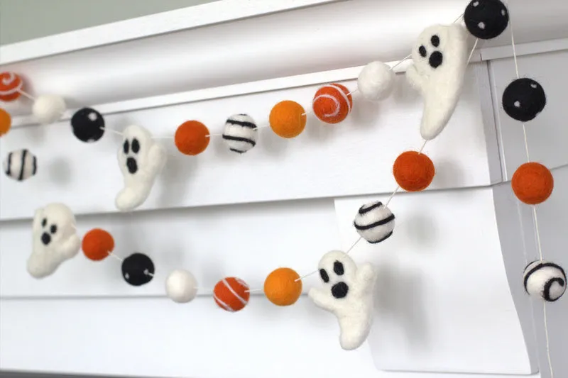 Ghost Halloween Garland- Orange & Black, Dots & Swirls