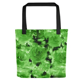 Green Abstract Tote Bag, Lime Green Rose Flower Floral Print Designer 15" x 15" Square Tote Bag - Made in USA/EU