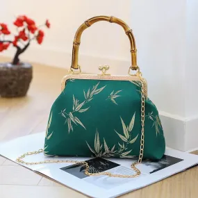 Green and Gold Bamboo Handle Handbag