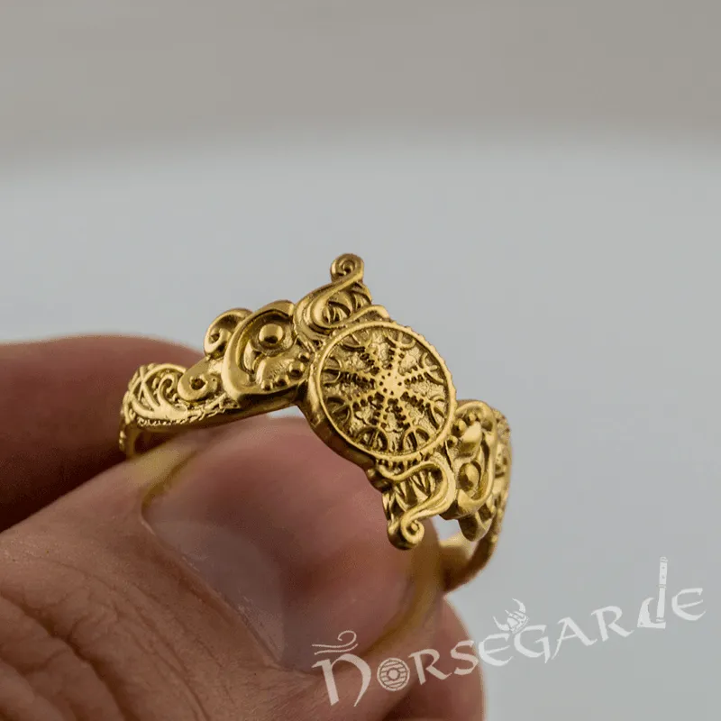 Handcrafted Helm of Awe and Wolves Ring - Gold