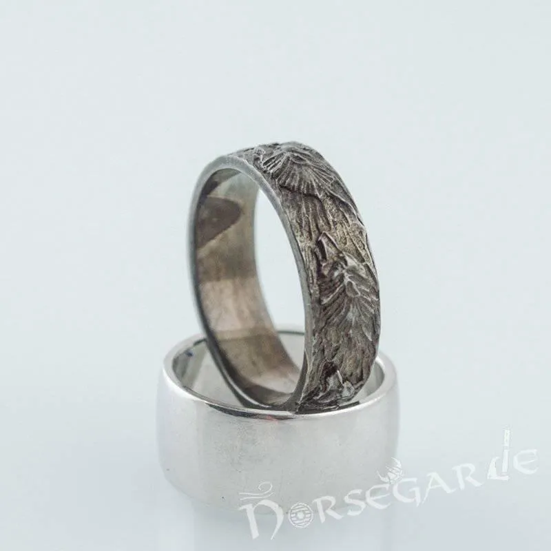 Handcrafted Wolf Ornament Band - Ruthenium Plated Sterling Silver