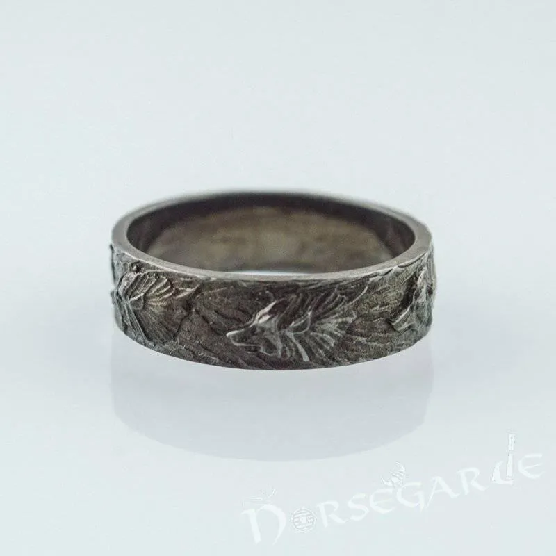 Handcrafted Wolf Ornament Band - Ruthenium Plated Sterling Silver