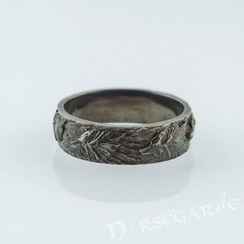 Handcrafted Wolf Ornament Band - Ruthenium Plated Sterling Silver