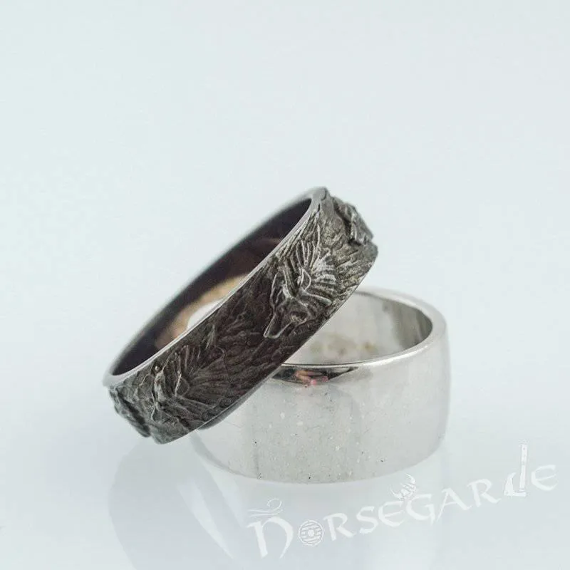 Handcrafted Wolf Ornament Band - Ruthenium Plated Sterling Silver