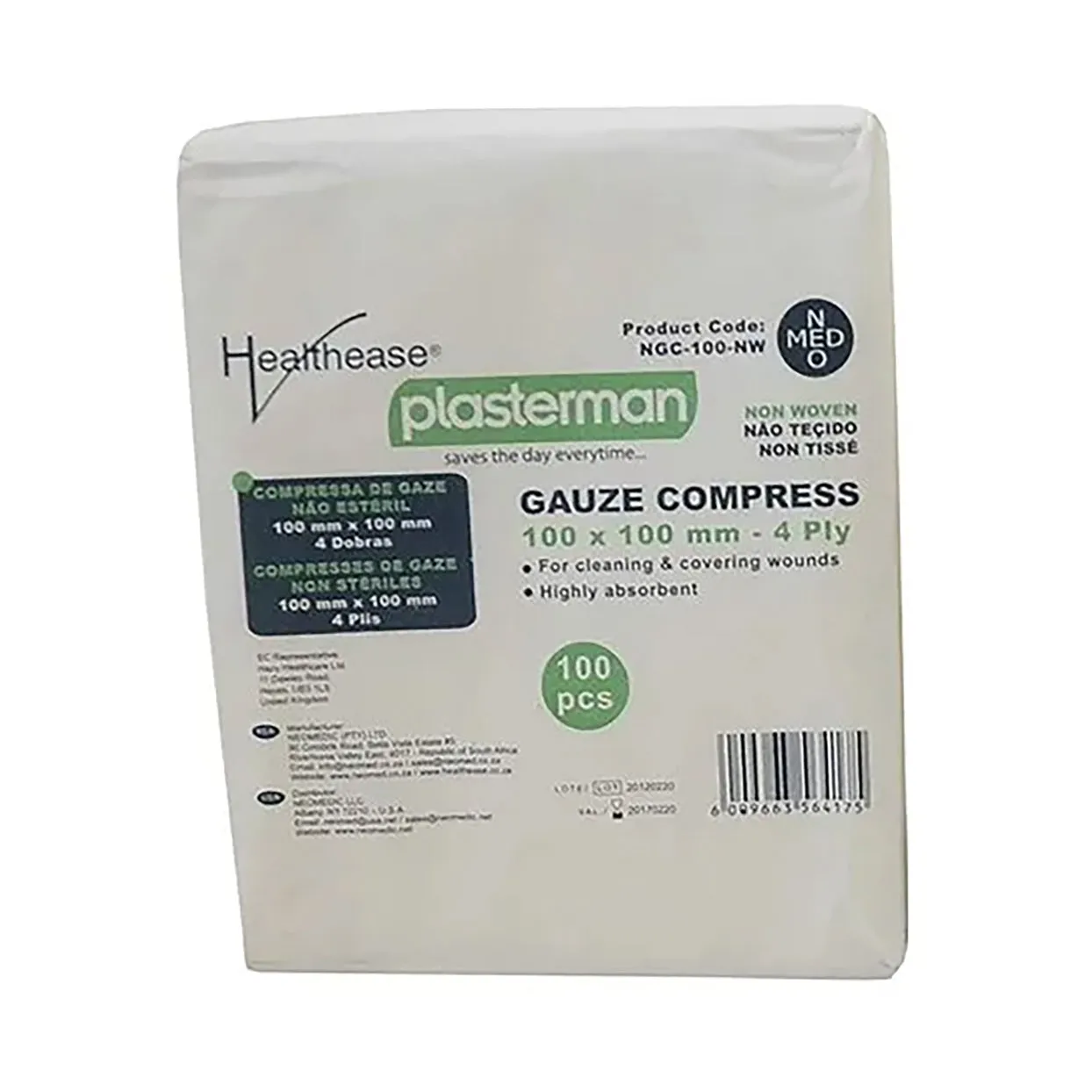 Healthease Plasterman Gauze 100mm x 100mm 4 Ply N S 100 Pack