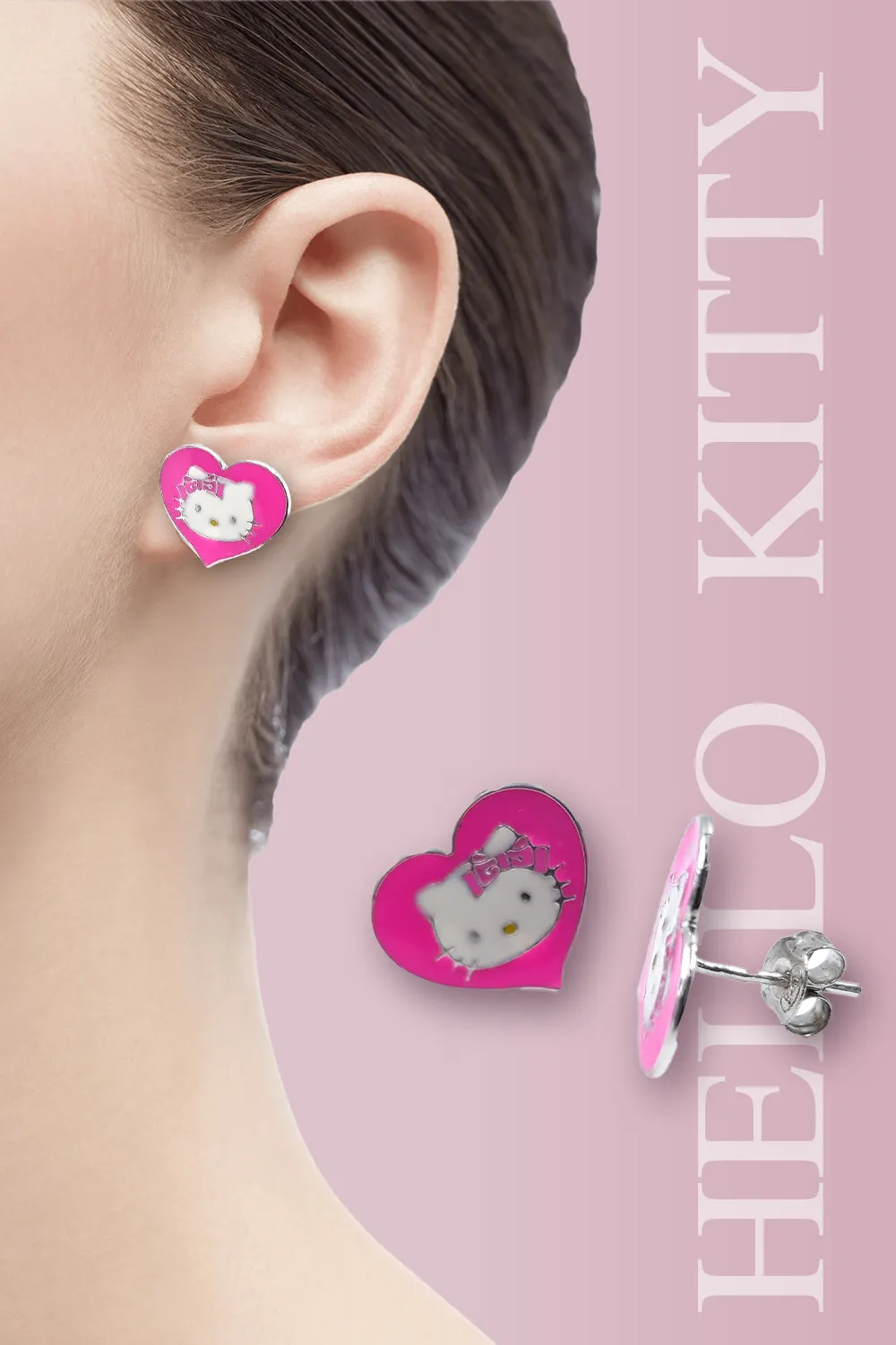 Hello Kitty 925 Original Sterling Silver Range Pink Enamel Heart Shaped Earrings