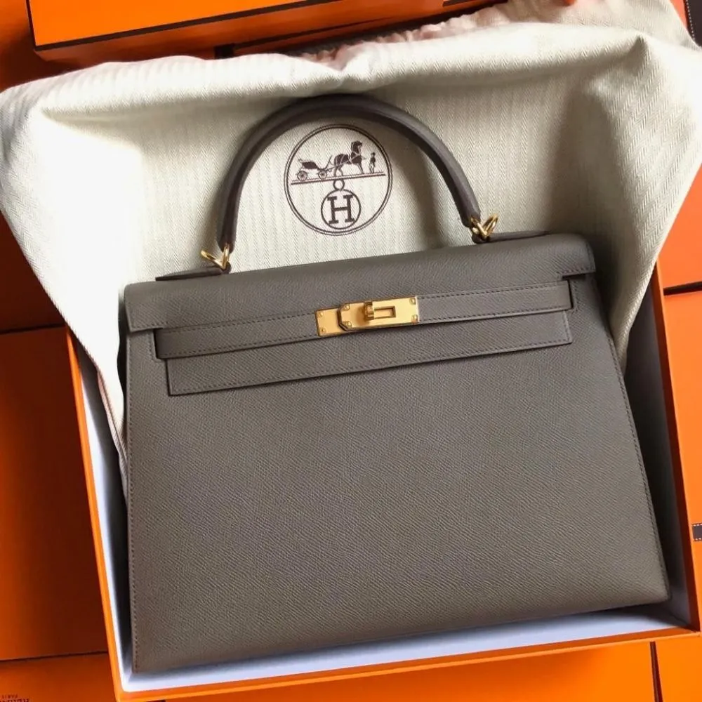 Hermès Kelly 32 Gris Etain Sellier Epsom Gold Hardware GHW