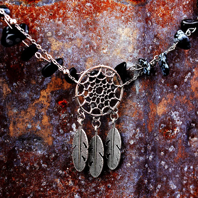 Irregular Natural Peacock Turquoise Hollow Dream Catcher Feather Anklet