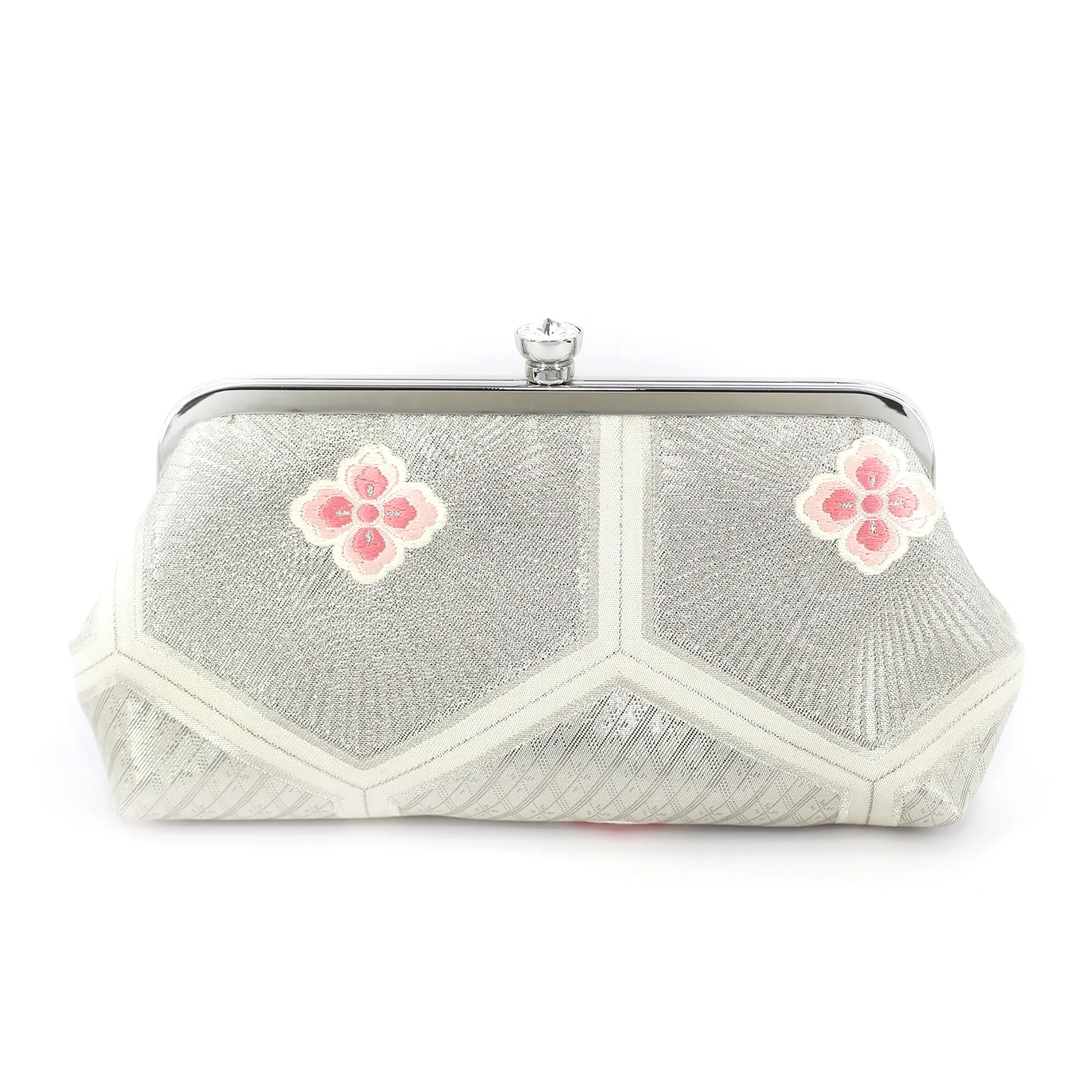 Kikko Hexagon Clutch Purse in Silver & Pink | Upcycled from vintage Japanese Obi