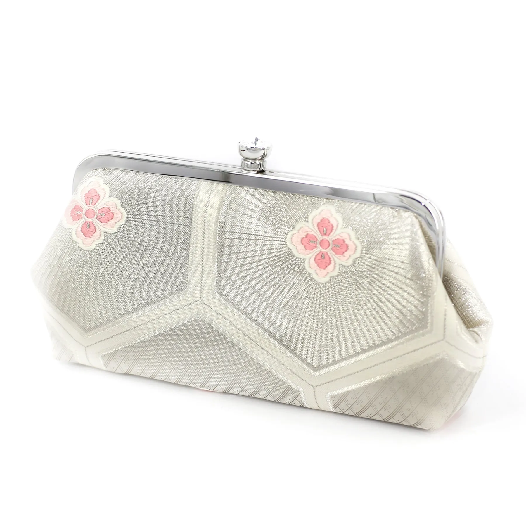 Kikko Hexagon Clutch Purse in Silver & Pink | Upcycled from vintage Japanese Obi