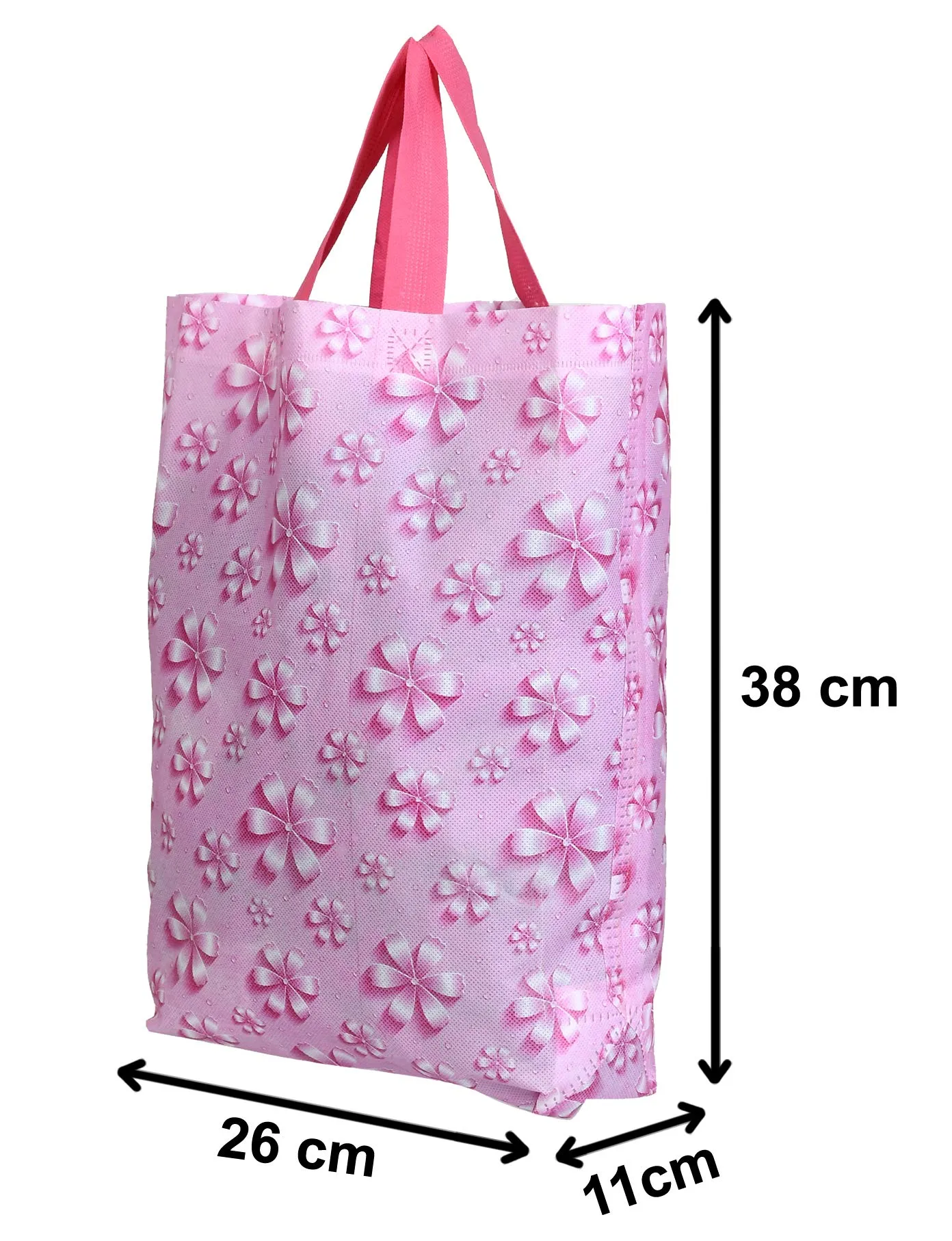 Kuber Industries Non Woven Flower Print Carry Bags with Handles - F_26_KUBBMART016972 - (Pink, 26 cm x 11 cm x 38 cm) -Eco friendly material & paper, Pack of 24