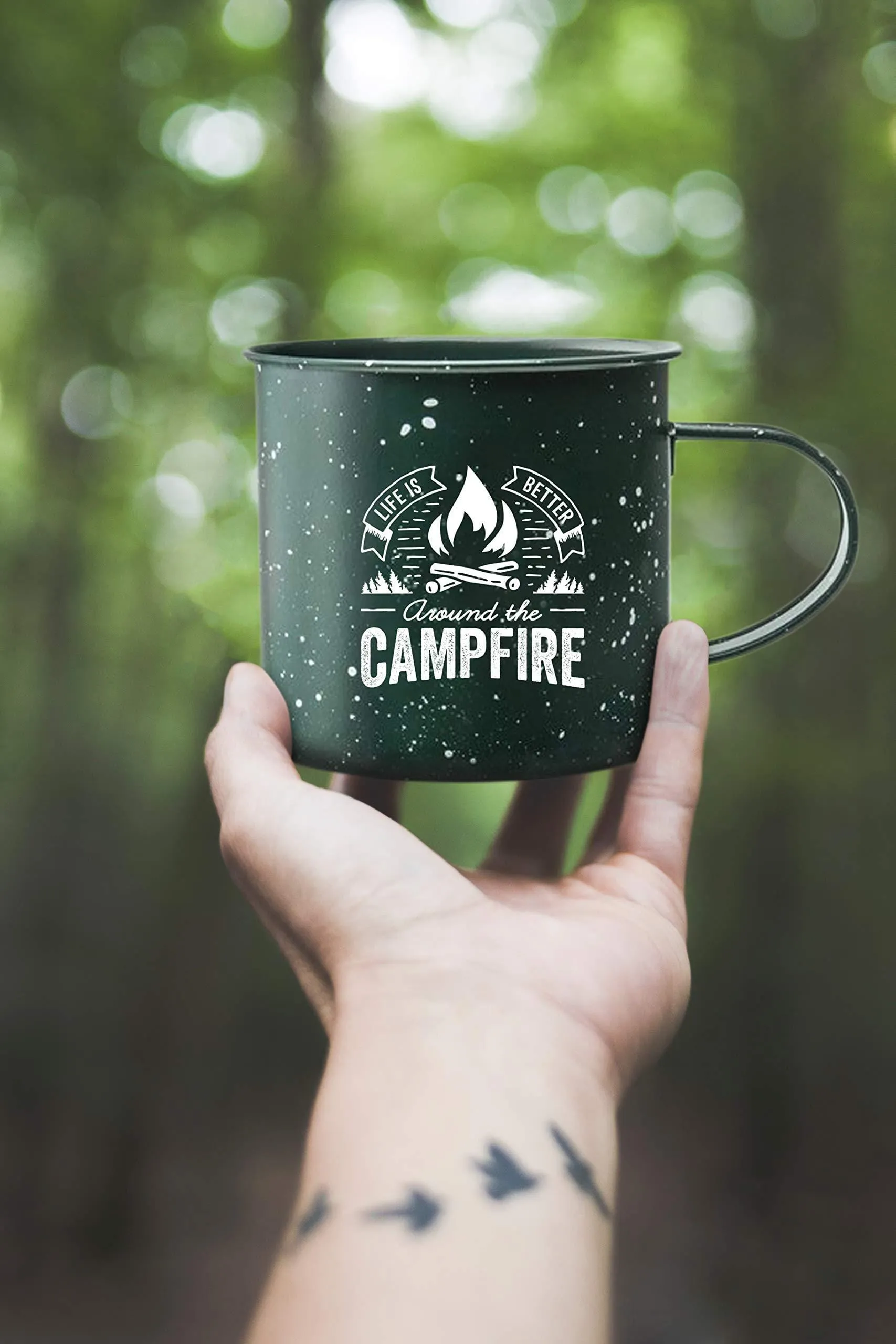 Life is Better Around the Campfire Tin Enamel Large Camping Coffee Mug (Forest Green, 16 Ounce) - Set of 2