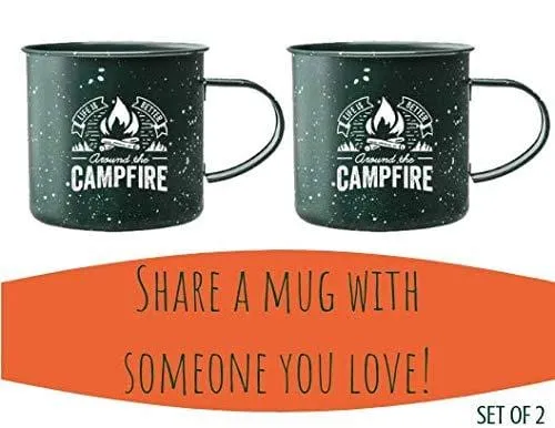 Life is Better Around the Campfire Tin Enamel Large Camping Coffee Mug (Forest Green, 16 Ounce) - Set of 2