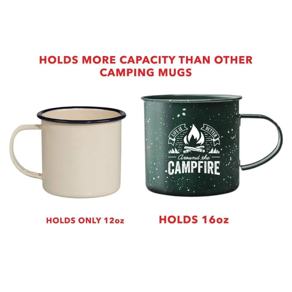 Life is Better Around the Campfire Tin Enamel Large Camping Coffee Mug (Forest Green, 16 Ounce) - Set of 2