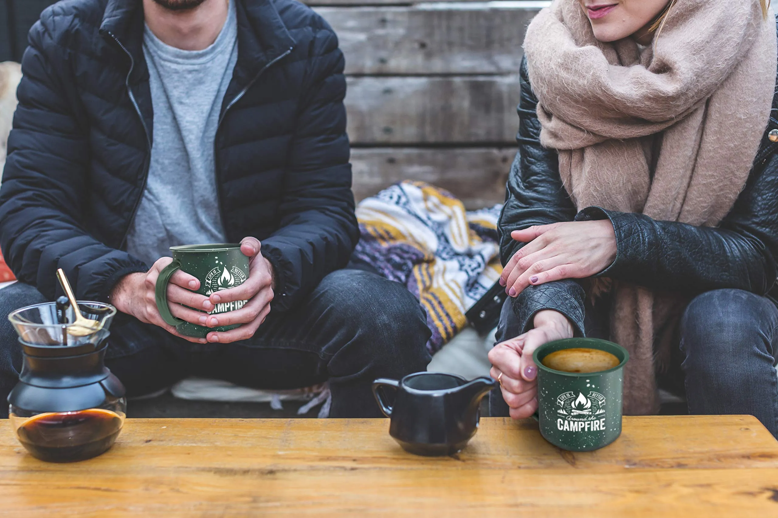 Life is Better Around the Campfire Tin Enamel Large Camping Coffee Mug (Forest Green, 16 Ounce) - Set of 2