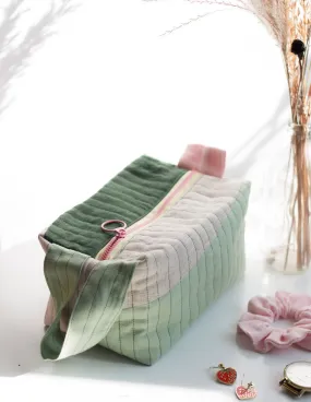 Linen Quilted Pouch (Green Pink)