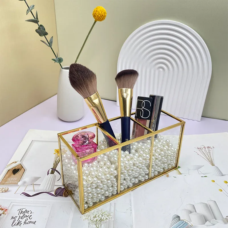 Luxury Cosmetic Storage Box Makeup Brush Bucket with Pearls Lipstick Case Pen Holder Desktop Nail Polish Organizer