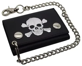 Mens Wallets Black Trifold RFID Protection Real Leather Skull Biker Chain For Men