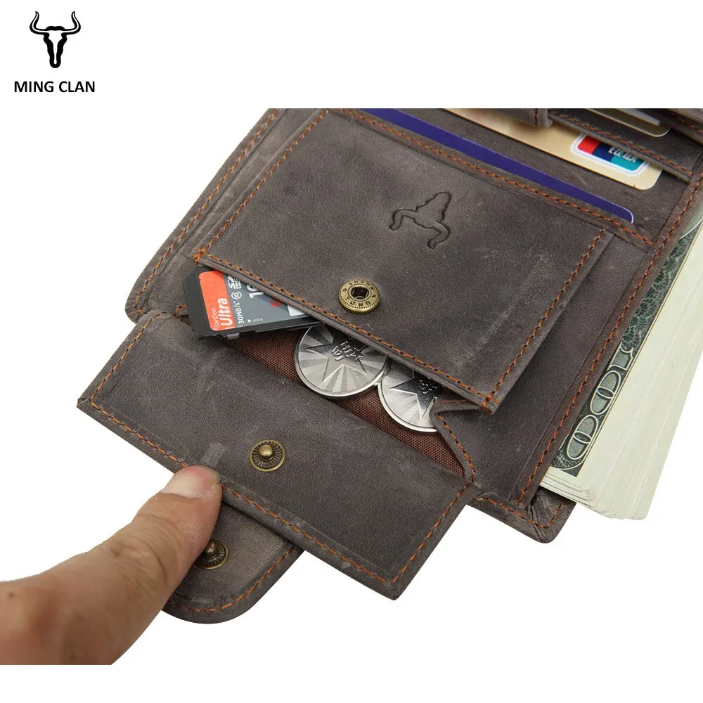 Mingclan Men Wallet Crazy Horse Original Leather Male Wallets Rfid Blocking Coin Purse Flip ID Credit Card Holder Hidden Pocket